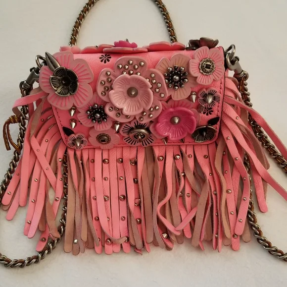 COACH PINK STUDDED WILD TEA ROSE DINKY FRINGE CROSSBODY RARE with COA - Picture 3 of 17